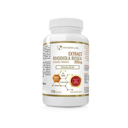 Progress Labs Extract 20:1 Rhodiola Rosea 200mg Różeniec Górski + Prebiotyk + L-leucyna No GMO suplement diety 120 kapsułek