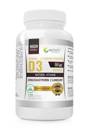 WISH Witamina D3 50μg + L-Leucyna + Prebiotyk Natural Vitamin suplement diety 120 kapsułek