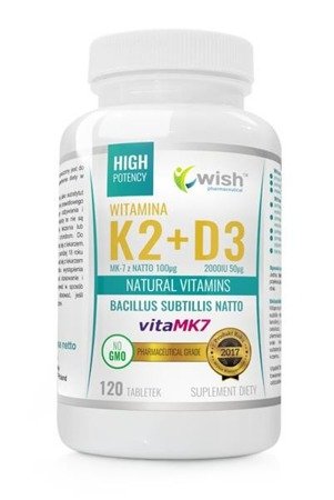 WISH Witamina K2 MK-7 Z Natto 100μg + D3 50μg Natural Vitamins suplement diety 120 tabletek