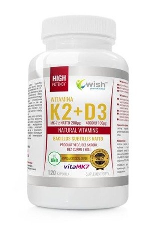 WISH Witamina K2 MK-7 Z Natto 200μg + D3 4000IU 100μg Natural Vitamins suplement diety 120 kapsułek